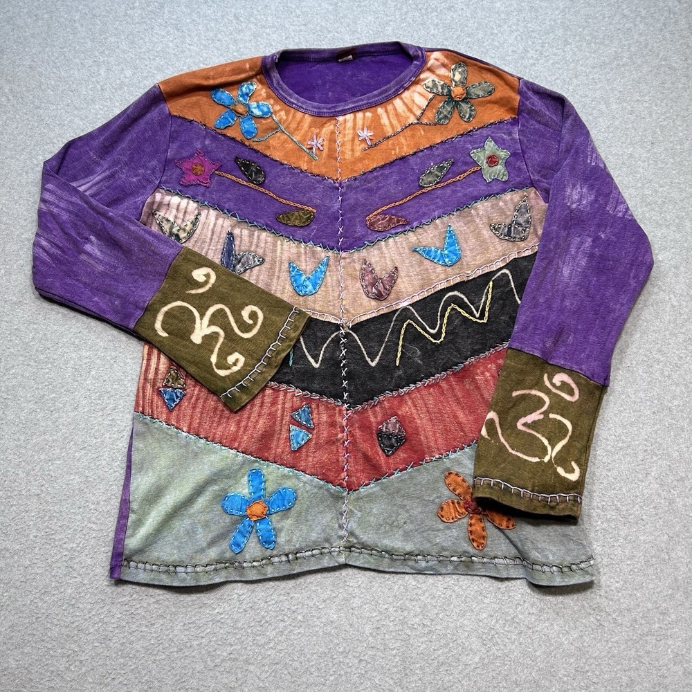 KPC Patchwork TShirt Sz XXL Womens Multicolor Boho Grunge Floral Applique Om